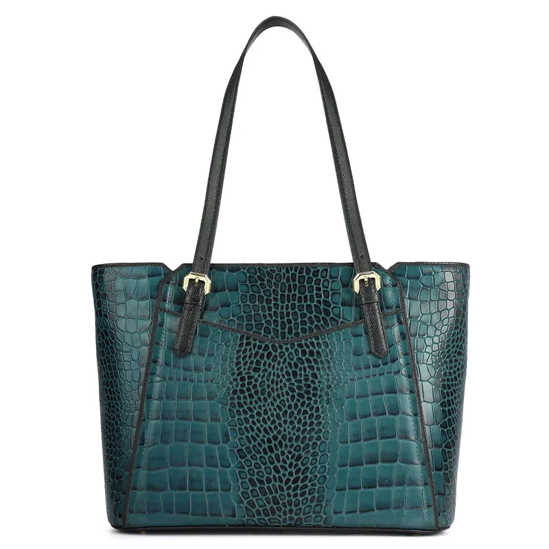 Da Milano Teal Medium Croco Leather Tote - Teal for Women | Best Price UAE